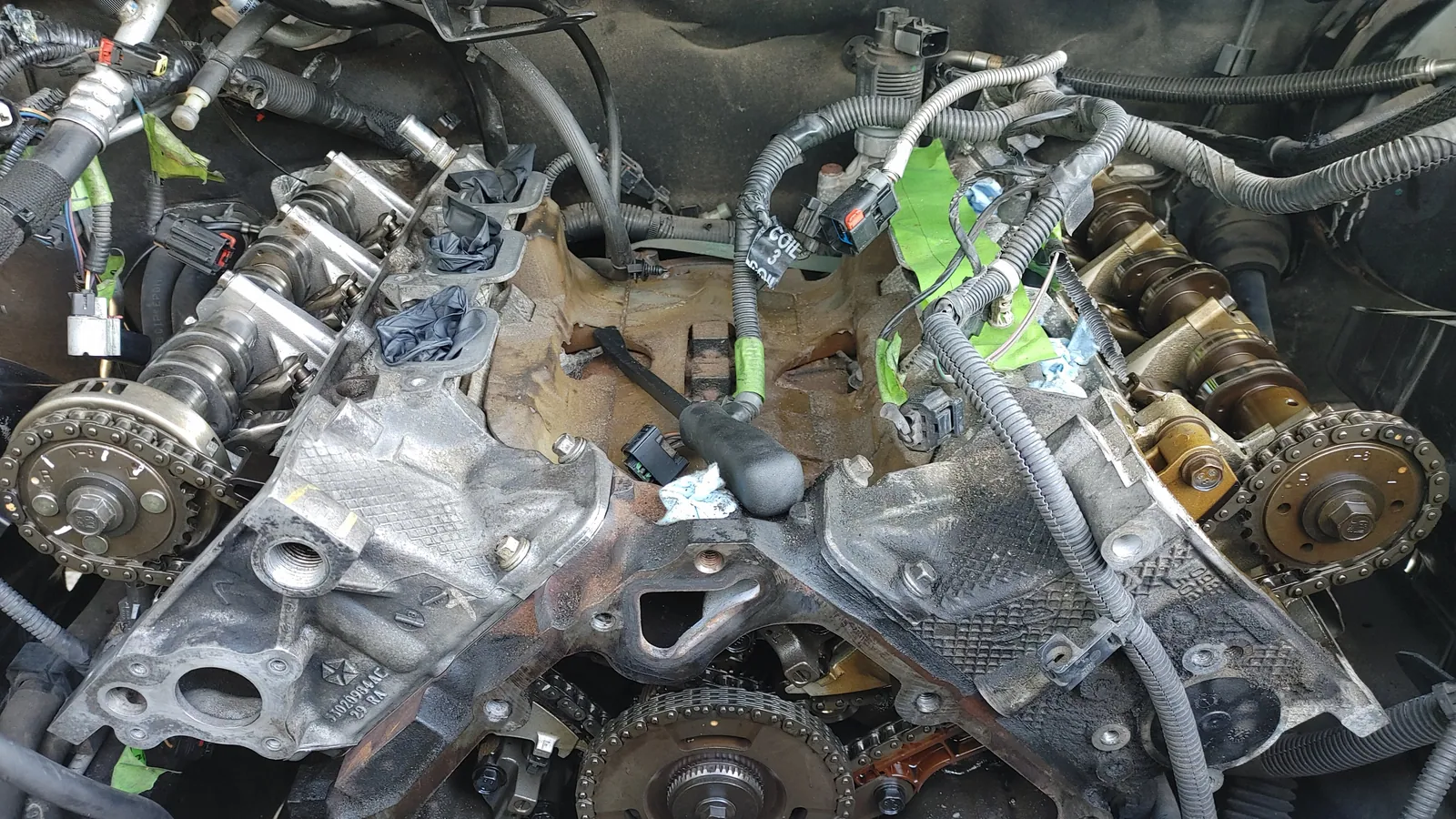 Engine timing chain and camshaft alignment service with labeled wiring